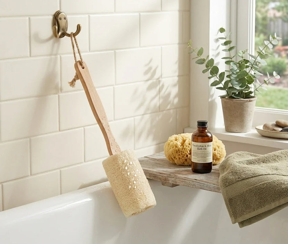 Natural Loofah Bath Brush W/Long Handle.