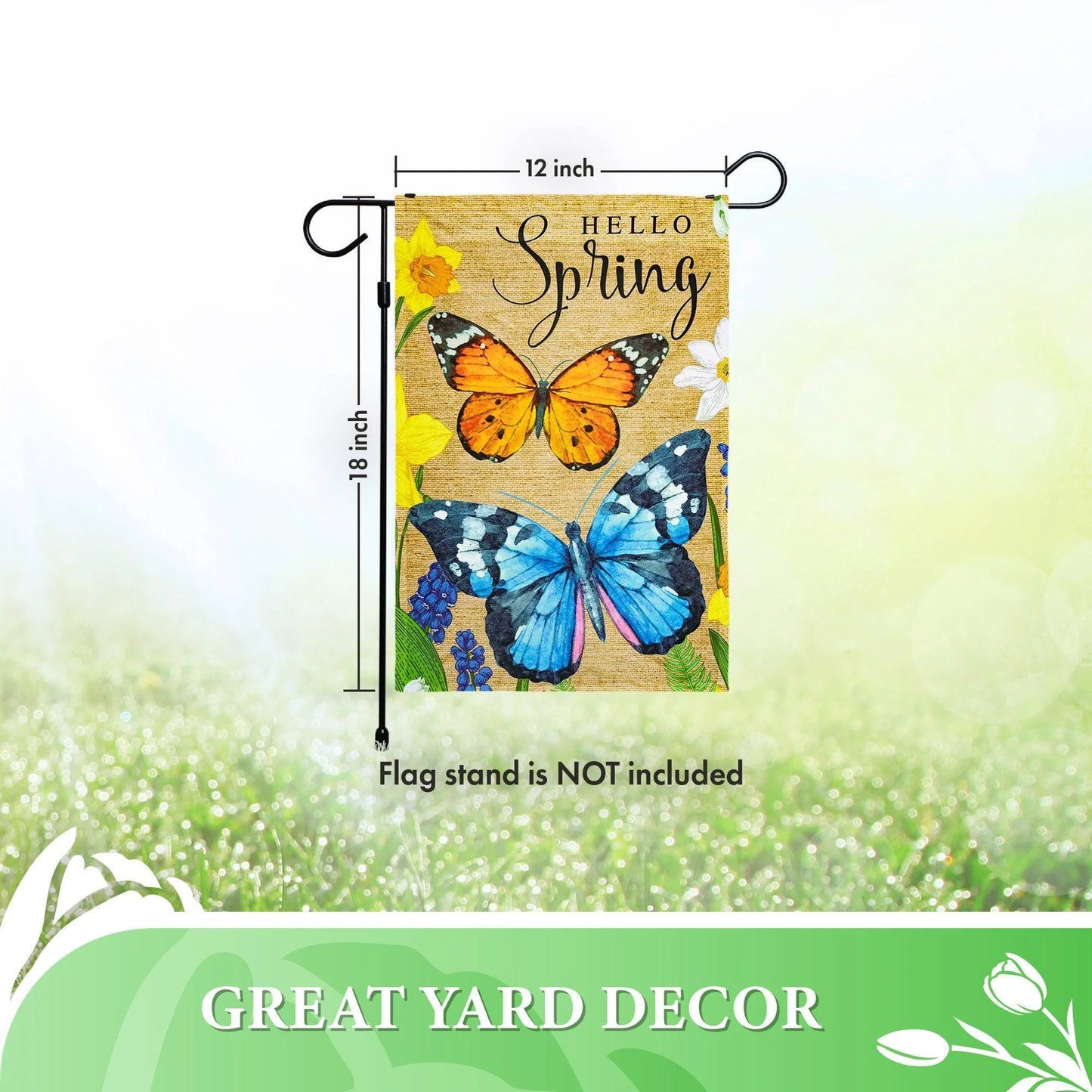 Hello Spring Butterflies and Flowers Garden Flag 12X18 Inch Printed 150D