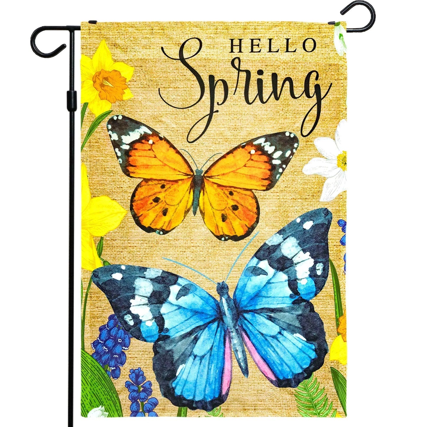 Hello Spring Butterflies and Flowers Garden Flag 12X18 Inch Printed 150D