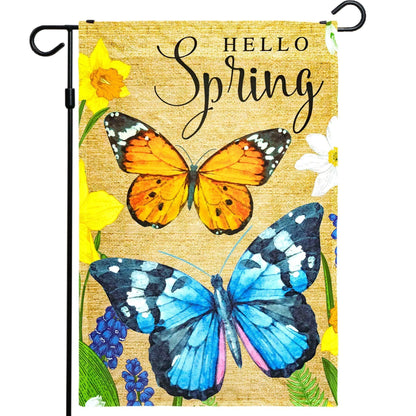 Hello Spring Butterflies and Flowers Garden Flag 12X18 Inch Printed 150D