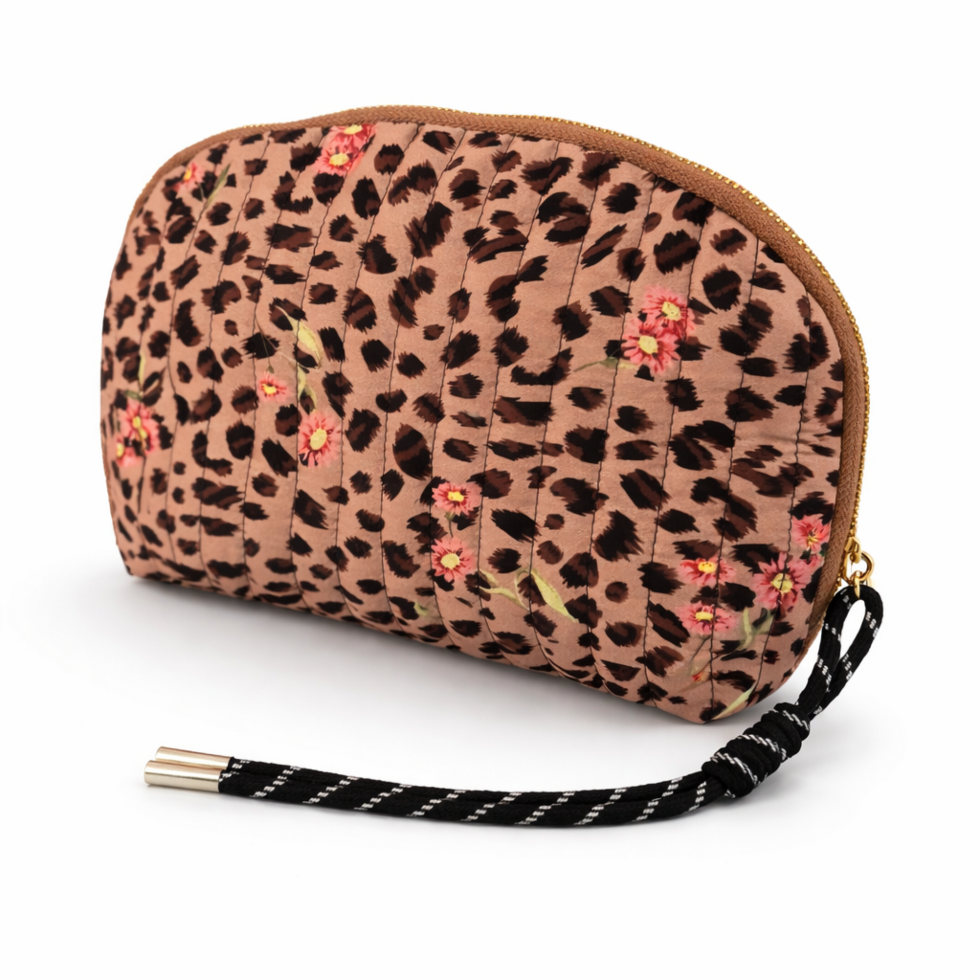 Vintage-Inspired Quilted Leopard Cosmetic Case – Curved Makeup Pouch in Classic and Floral Animal Print