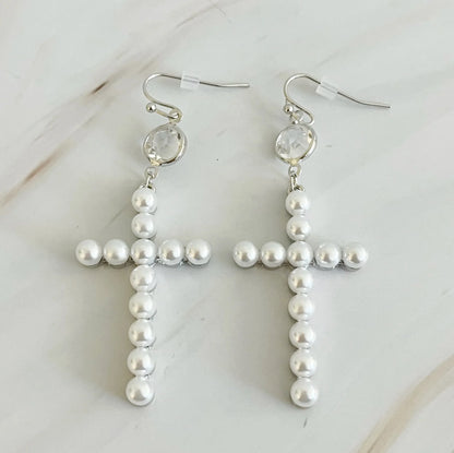 Pearl Cross Dangle Earrings
