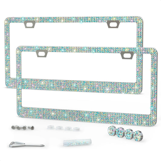 2 Pack Bling License Plate Frames for Women Sparkling Rhinestone License Plate Frame 12.16X6.18 Inch with Screws Caps for Easy Installation Cute Bling Car Accessories for Women